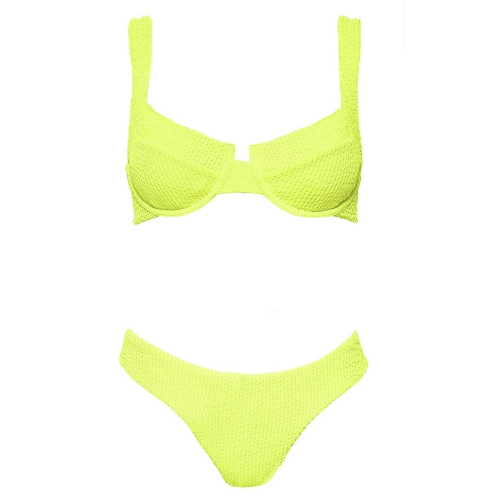 NWT Vetchy Laguna Neon Yellow Bikini Set L Crinkle Vacation Beach Resortwear